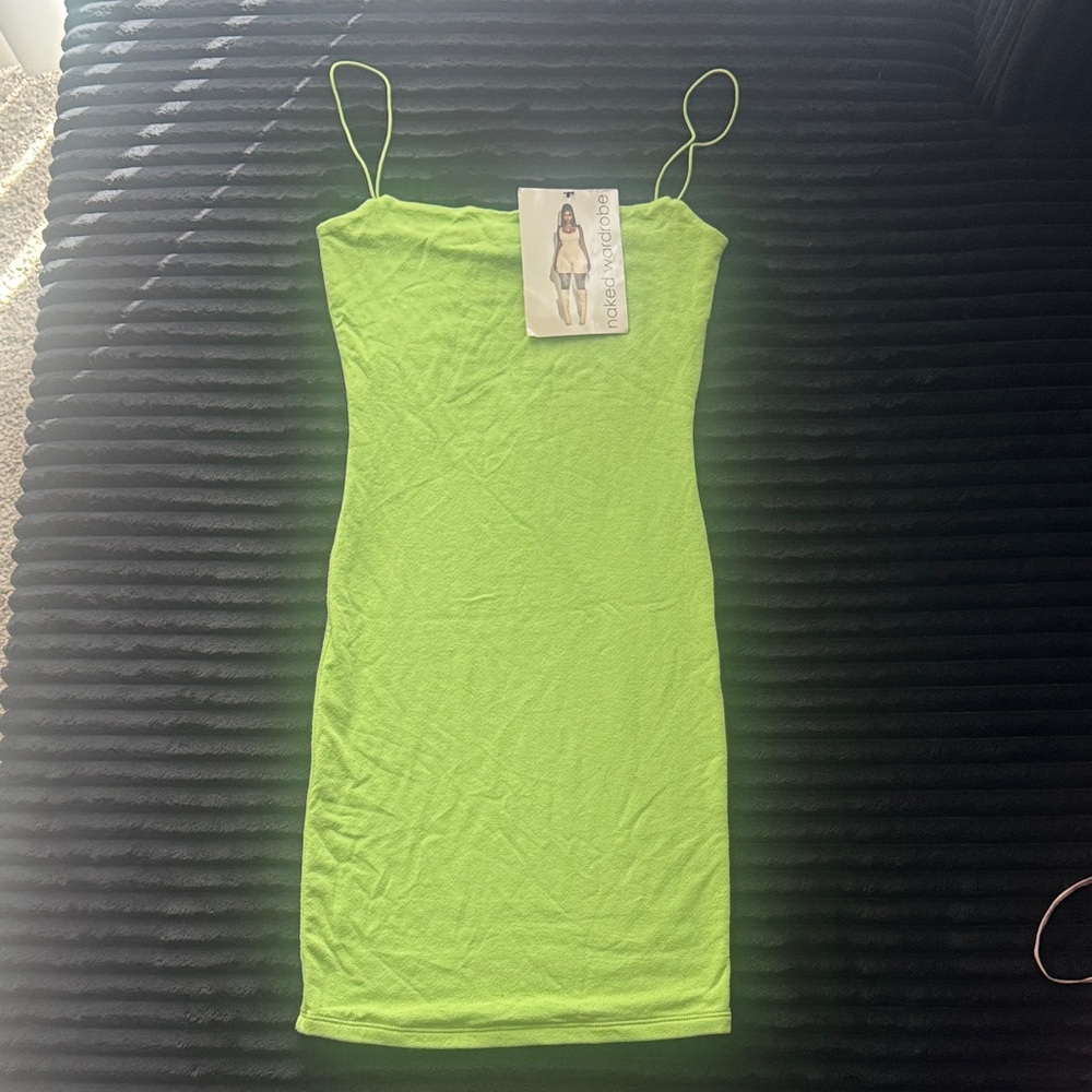 naked wardrobe NWT Neon Lime Green Spaghetti Strap Mini Dress